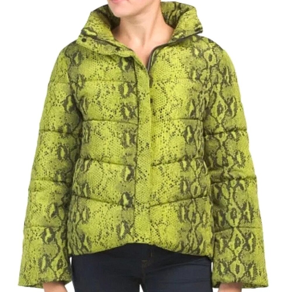 BNWT Betsey Johnson Neon Green Snake-Print Puffer Jacket, Size S